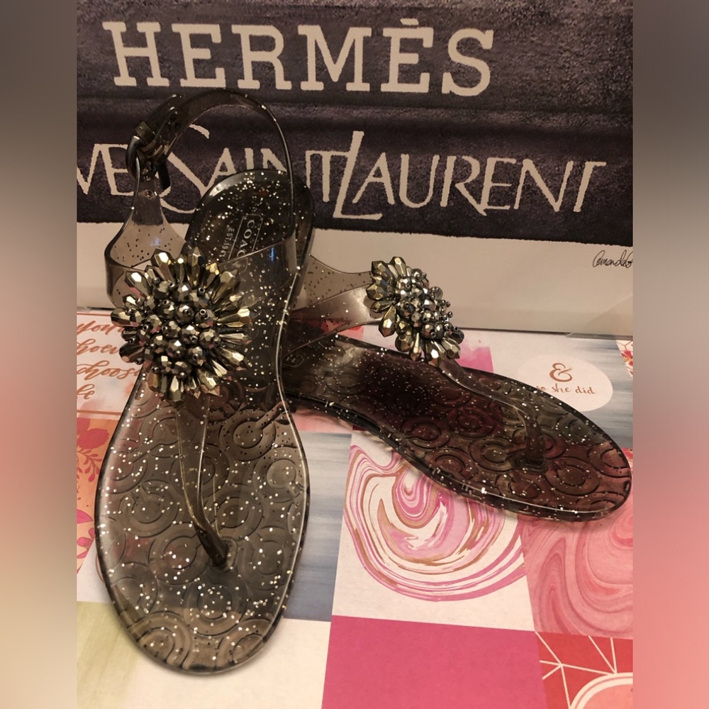 COACH Jelly Sandals Sparkly Clear Grey/Black with Embellished Beaded Sunflower